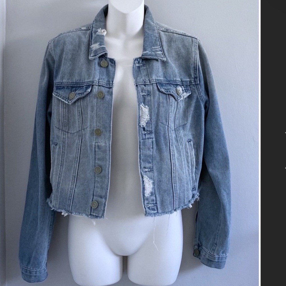 M Adam Levine cropped denim jean jacket distressed destroyed ripped‎ light wash